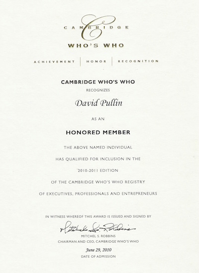 Cambridge Who's Who recognizes David Pullin